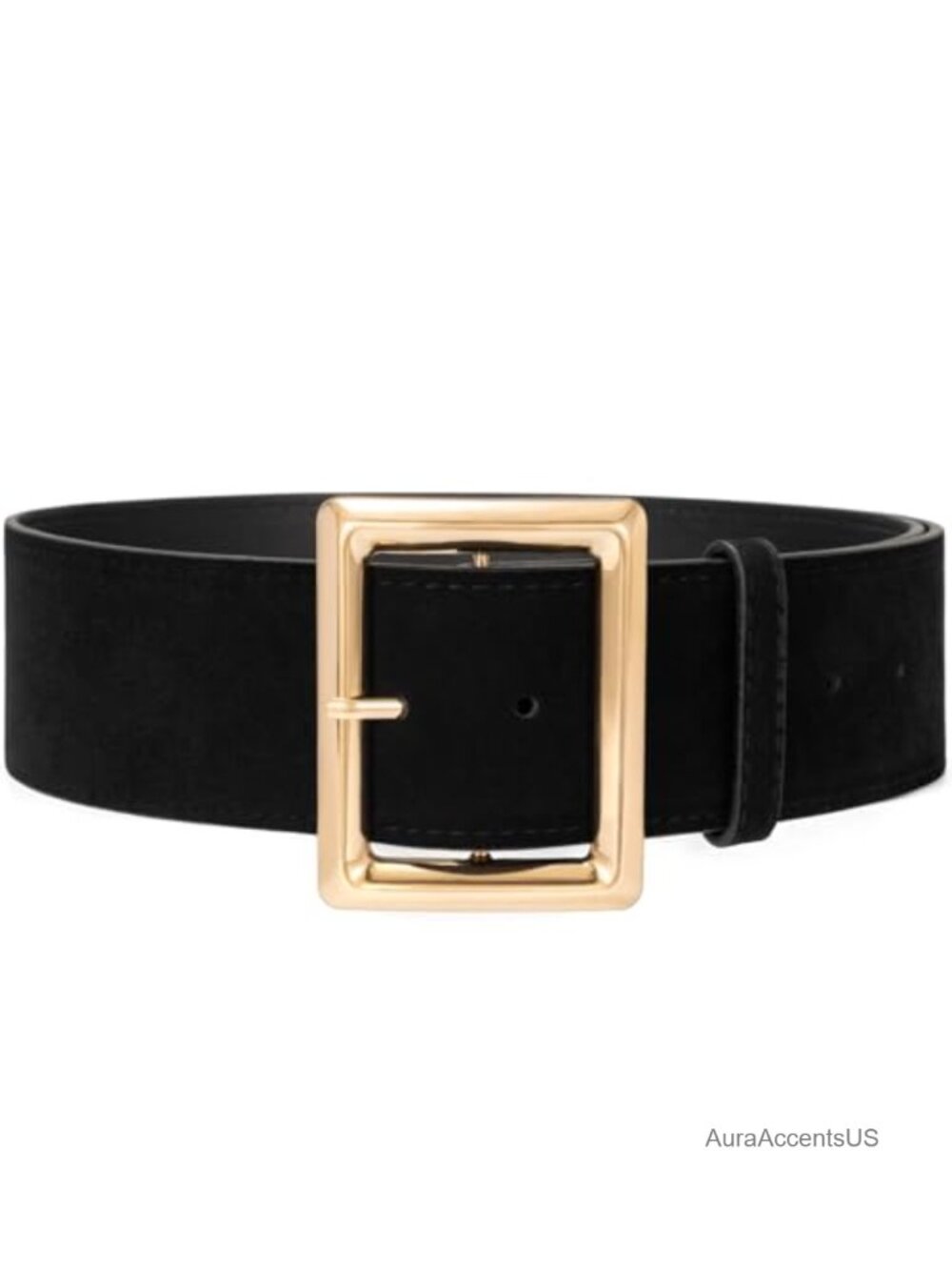 Womens Wide Chunky Suede Belt with Gold Square Buckle